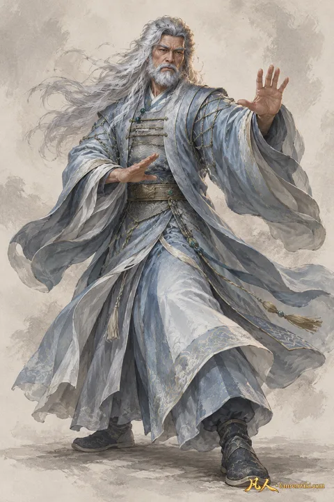 云姓老者 · 自然行动／斗法姿态 · AI 生成